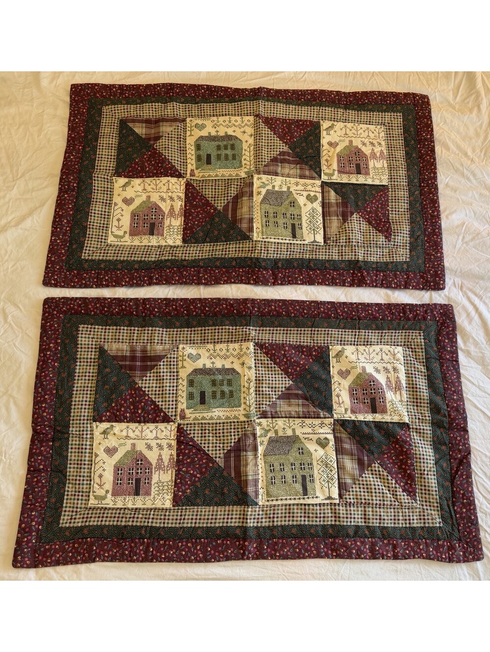 2 VTG Primitive King Quilted Shams Folk Art House Goose Cottagecore Burgundy GUC